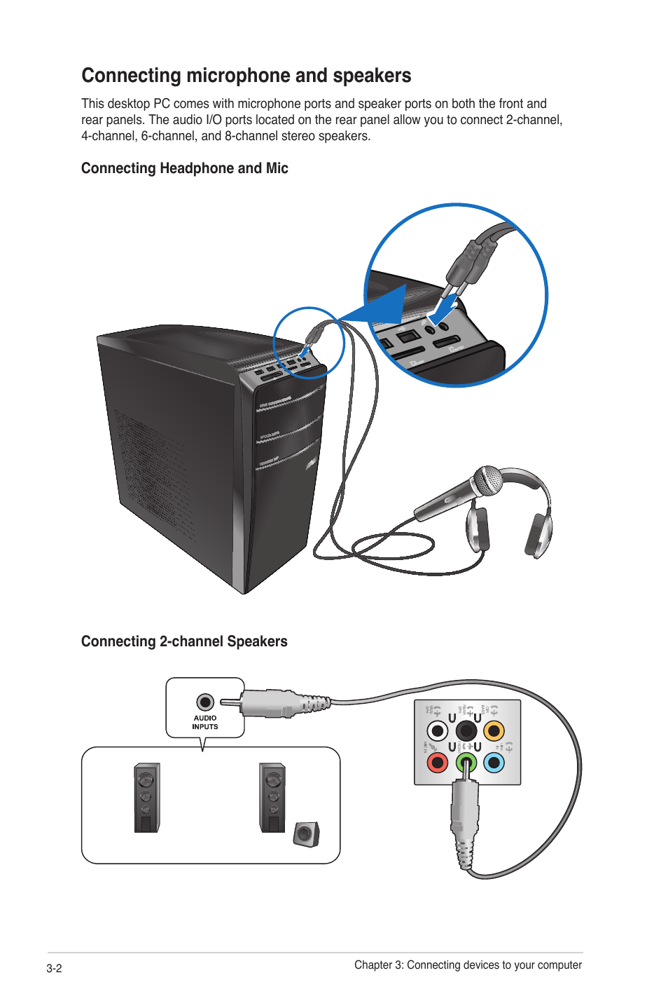 Connecting microphone and speakers, Connecting microphone and speakers -2 | Asus CM6650 User Manual | Page 34 / 78