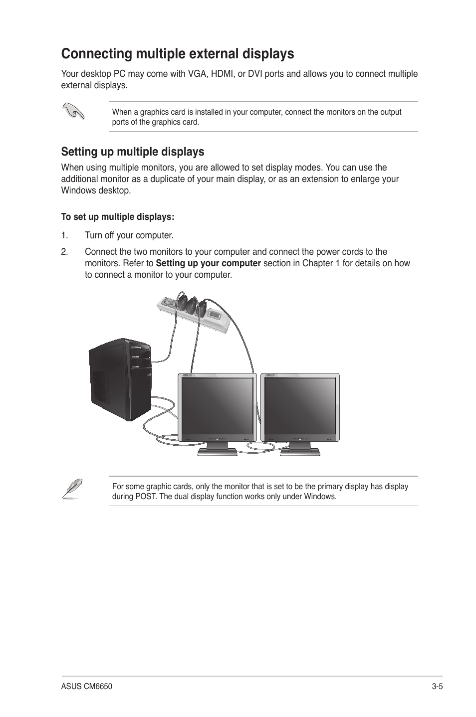 Connecting multiple external displays, Connecting multiple external displays -5, Setting up multiple displays | Asus CM6650 User Manual | Page 37 / 78