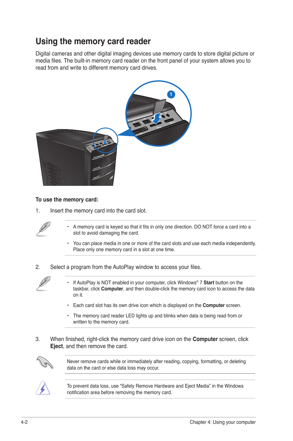 Using the memory card reader, Using the memory card reader -2 | Asus CM6650 User Manual | Page 41 / 78