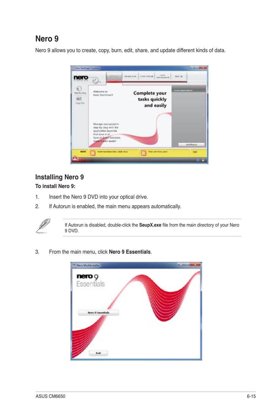 Nero 9, Nero 9 -15, Installing nero 9 | Asus CM6650 User Manual | Page 66 / 78