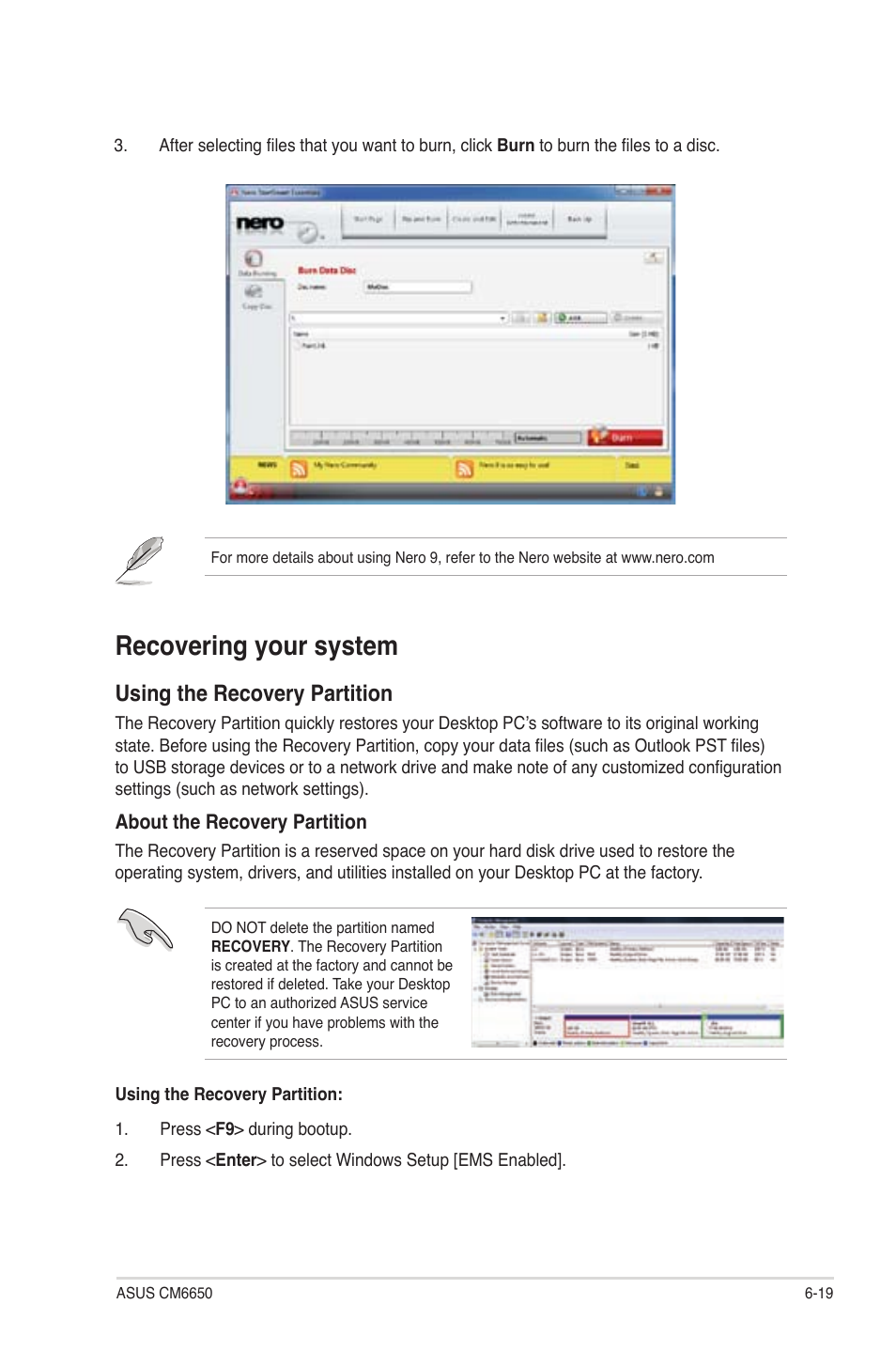 Recovering your system, Recovering your system -19, Using the recovery partition | Asus CM6650 User Manual | Page 70 / 78