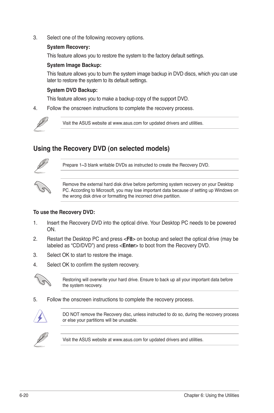 Using the recovery dvd (on selected models) | Asus CM6650 User Manual | Page 71 / 78