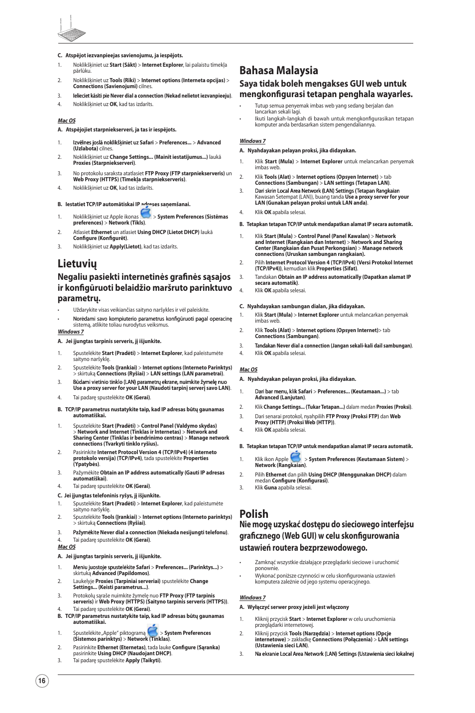 Lietuvių, Bahasa malaysia, Polish | Asus RT-N12LX User Manual | Page 16 / 22