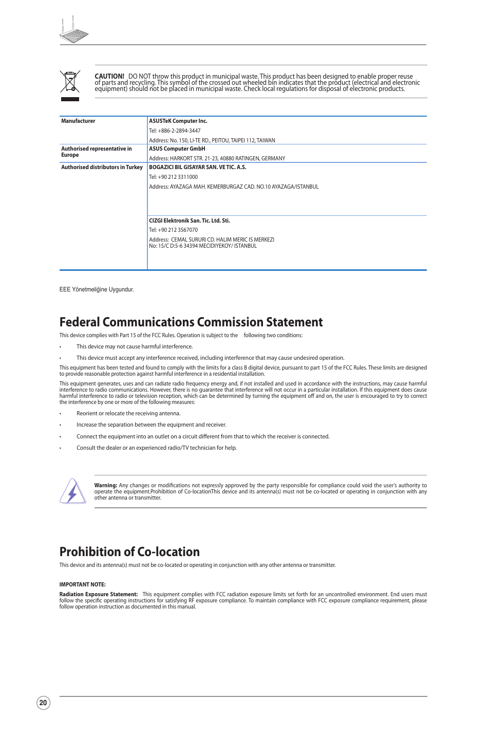 Federal communications commission statement, Prohibition of co-location | Asus RT-N12LX User Manual | Page 20 / 22