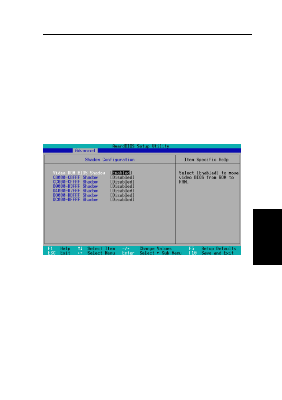 Bios setup, 4 shadow configuration | Asus K7V-RM User Manual | Page 71 / 80