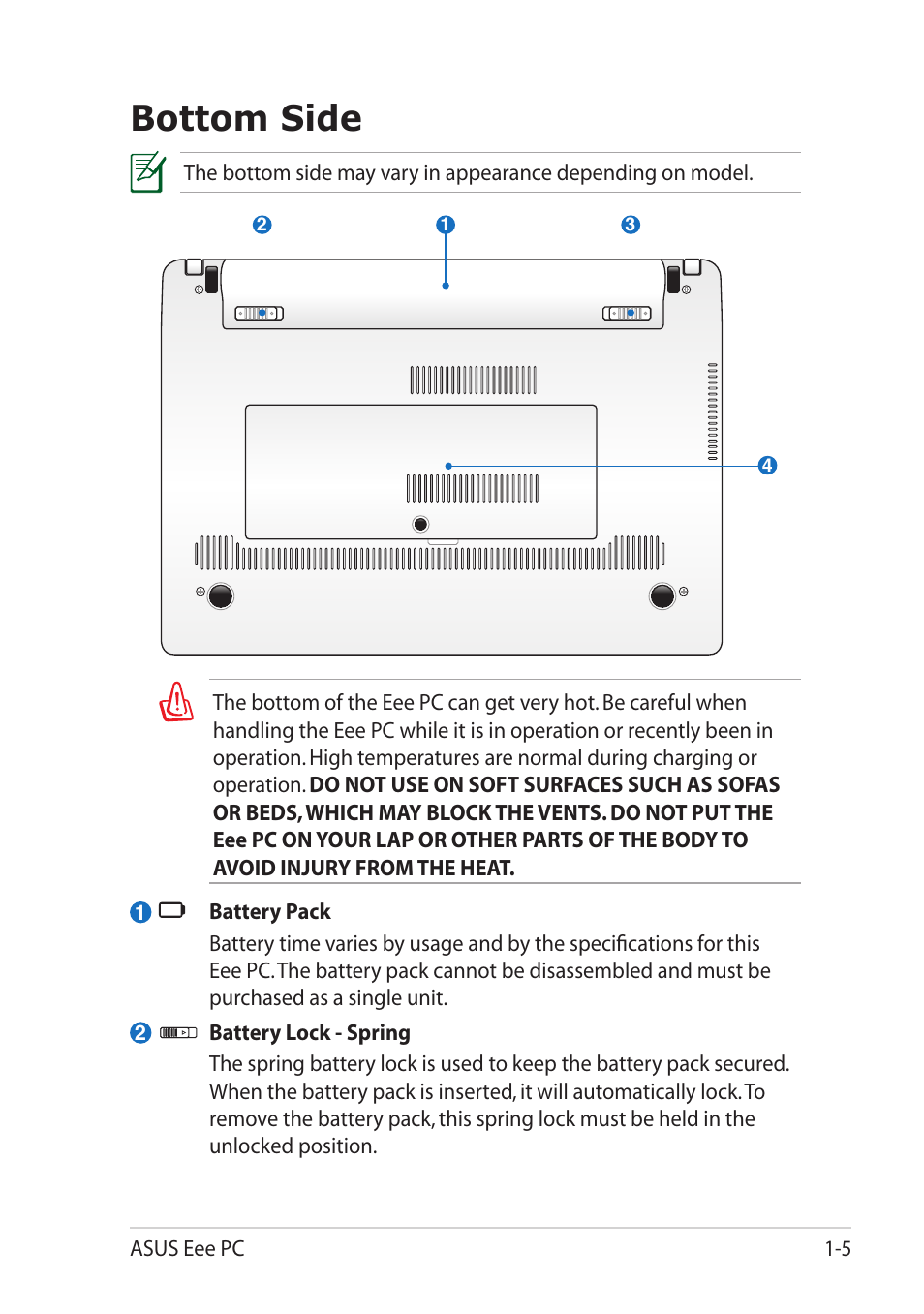 Bottom side, Bottom side -5 | Asus Eee PC X101 User Manual | Page 13 / 46