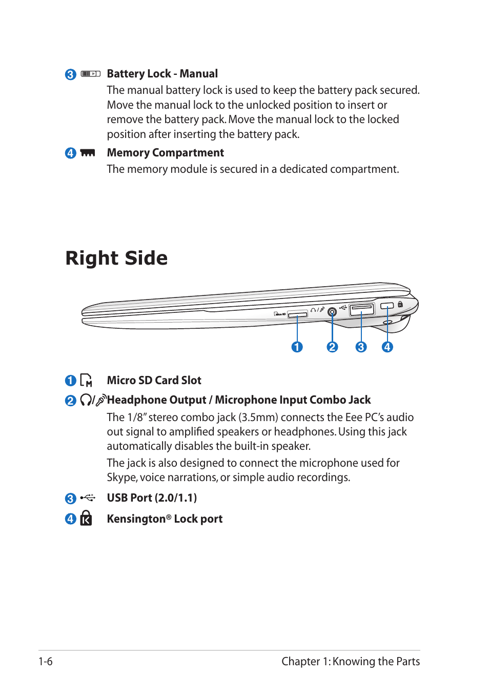 Right side, Right side -6 | Asus Eee PC X101 User Manual | Page 14 / 46