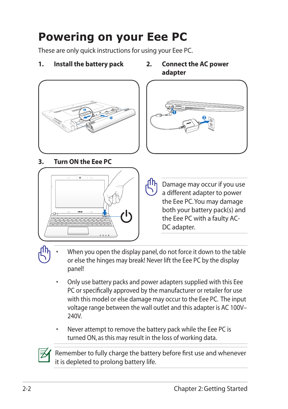 Powering on your eee pc, Powering on your eee pc -2 | Asus Eee PC X101 User Manual | Page 18 / 46