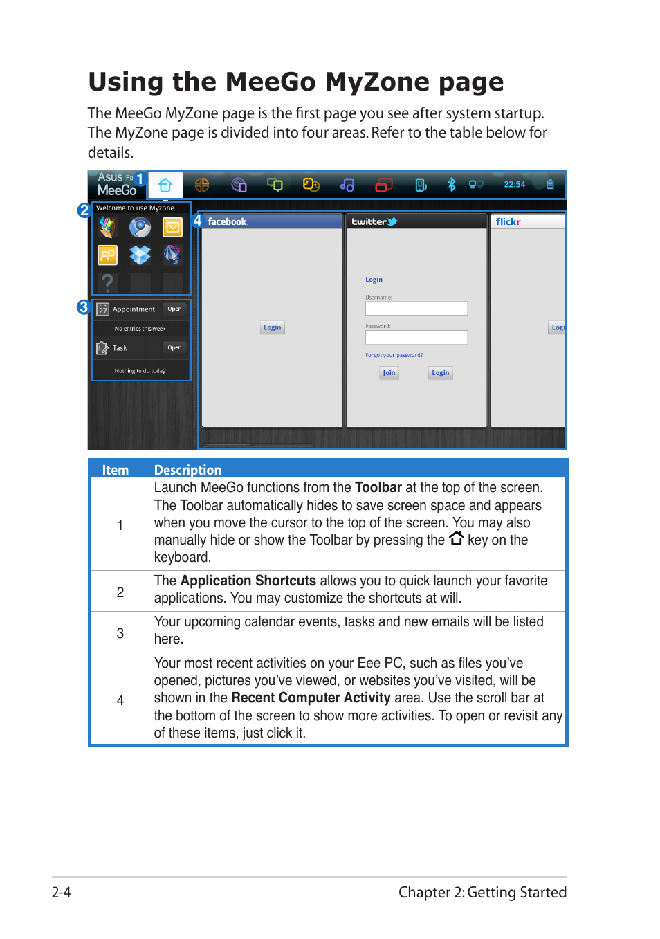 Using the meego myzone page | Asus Eee PC X101 User Manual | Page 20 / 46