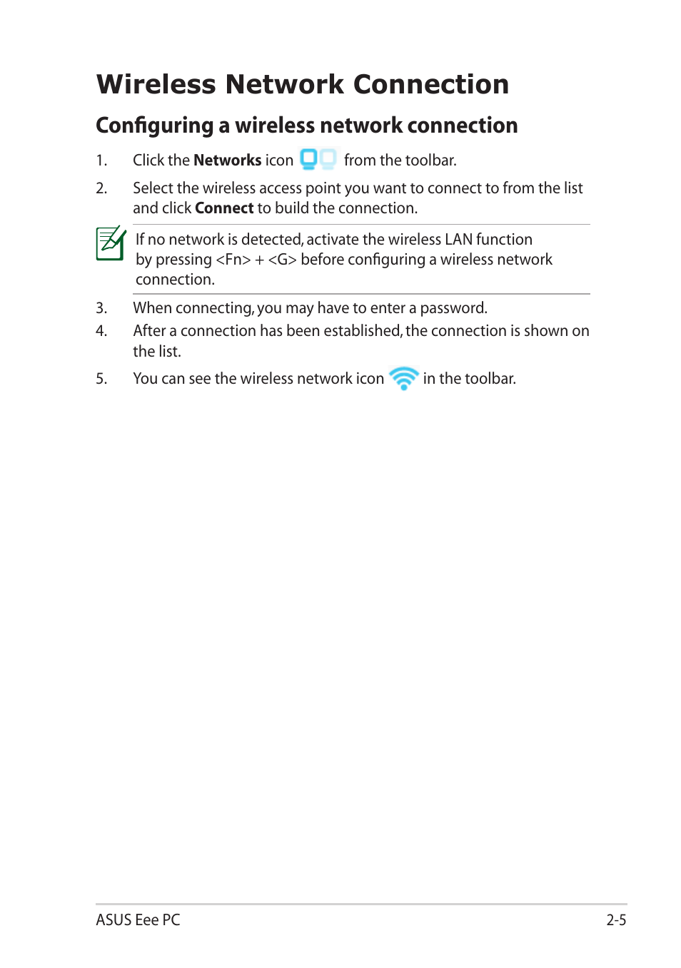 Wireless network connection, Configuring a wireless network connection, Wireless network connection -5 | Configuring a wireless network connection -5 | Asus Eee PC X101 User Manual | Page 21 / 46