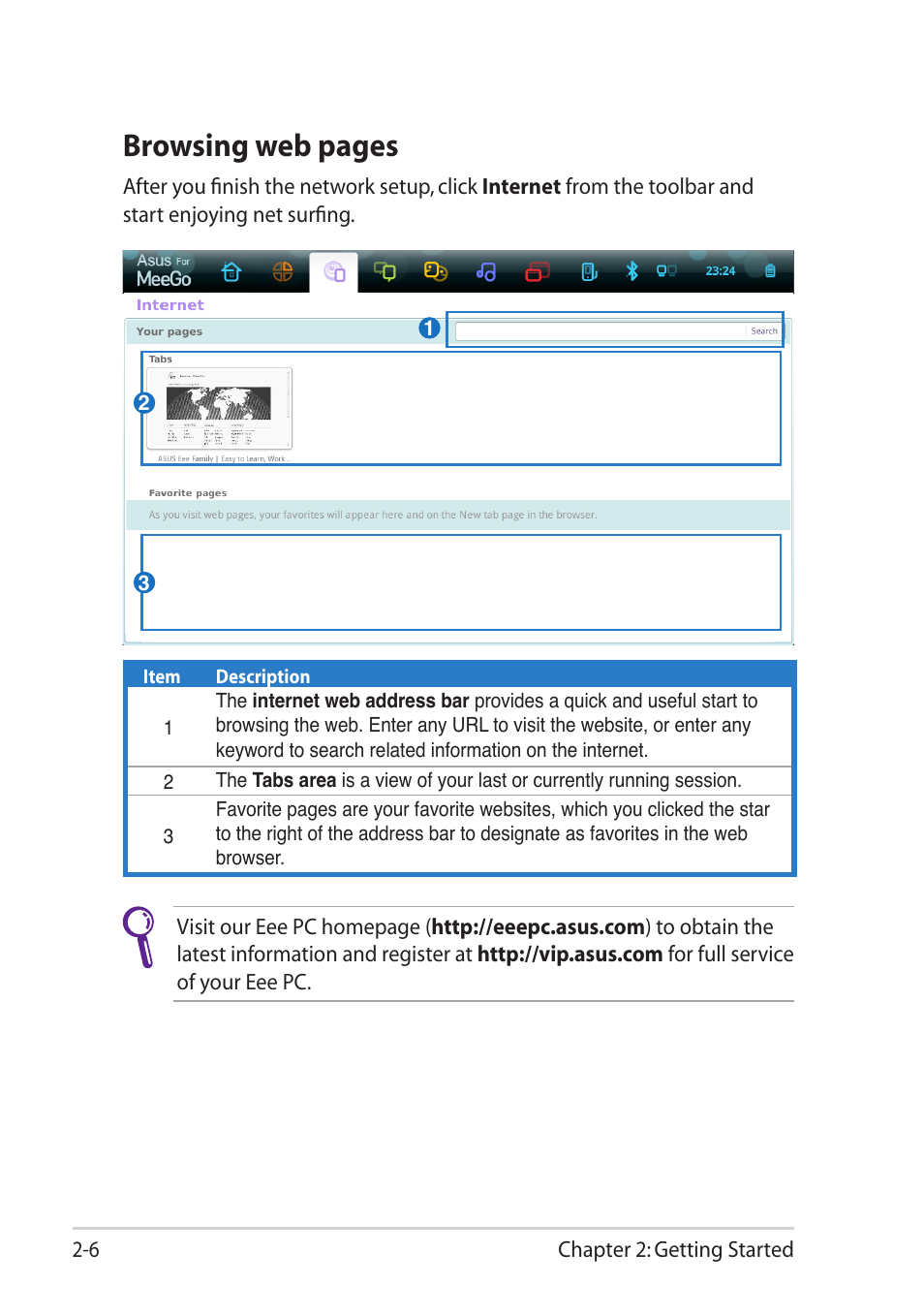 Browsing web pages | Asus Eee PC X101 User Manual | Page 22 / 46