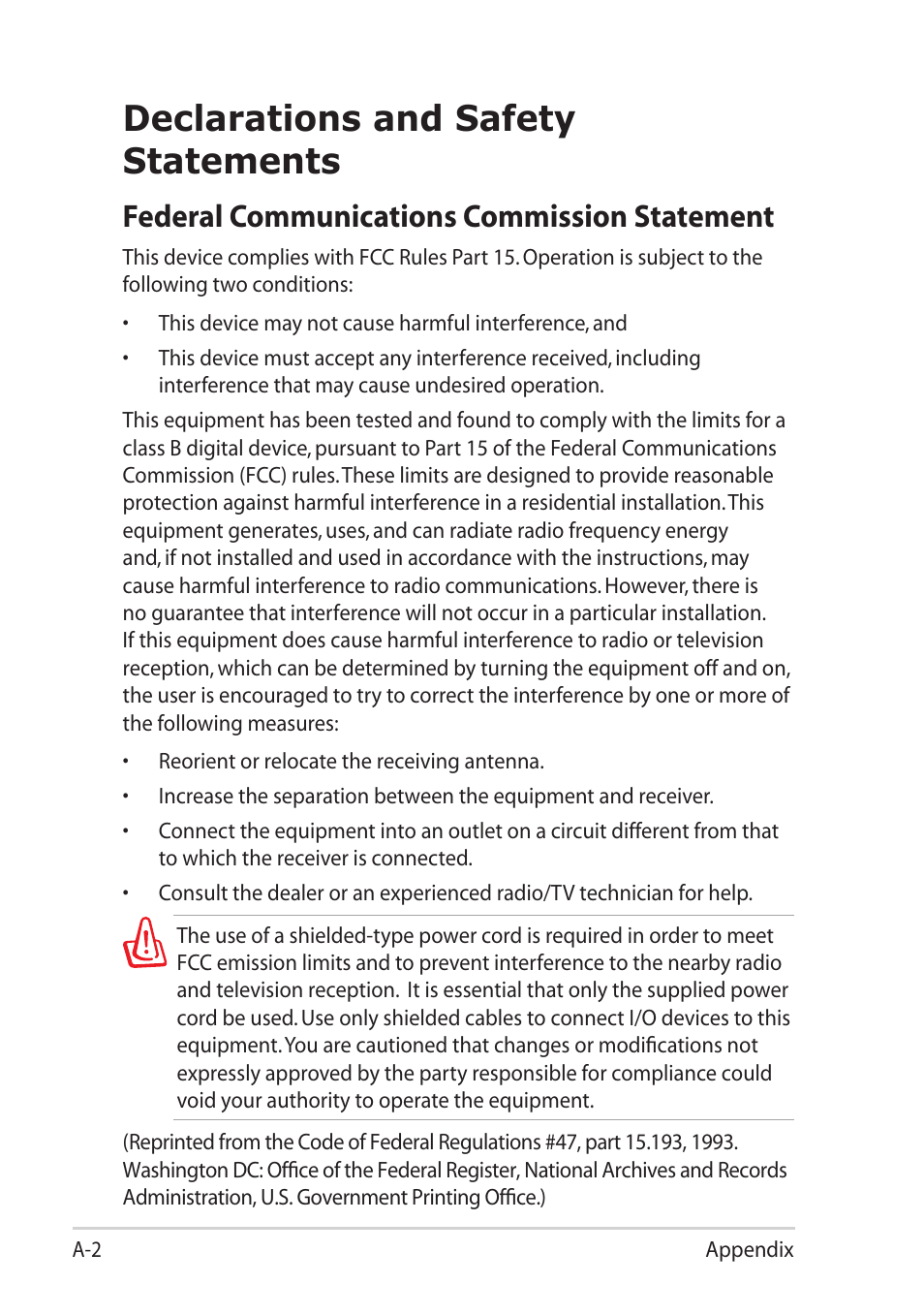 Declarations and safety statements, Federal communications commission statement | Asus Eee PC X101 User Manual | Page 34 / 46