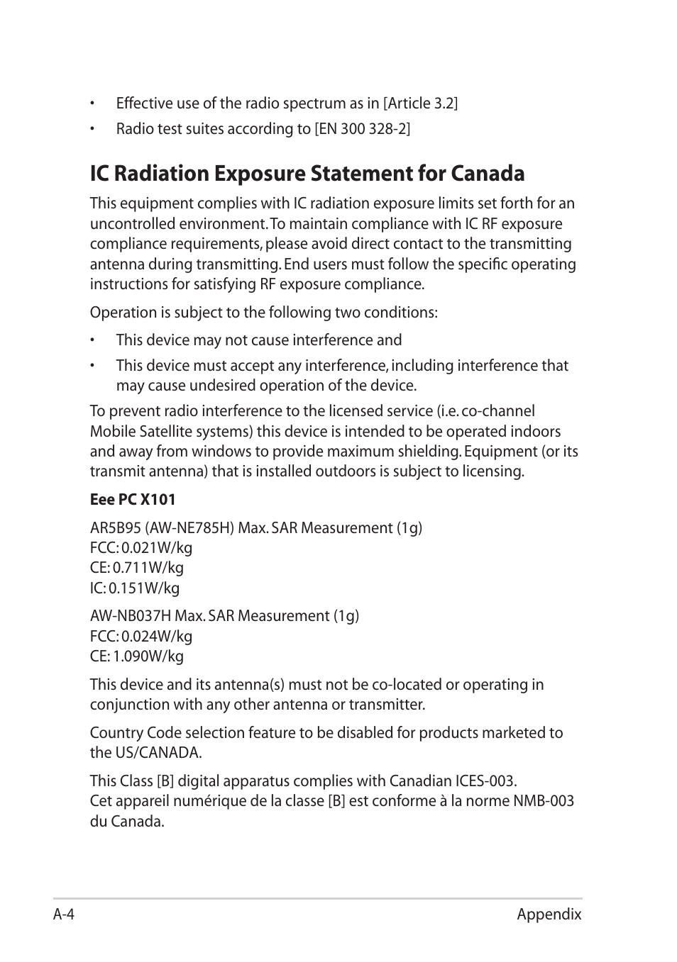 Ic radiation exposure statement for canada | Asus Eee PC X101 User Manual | Page 36 / 46