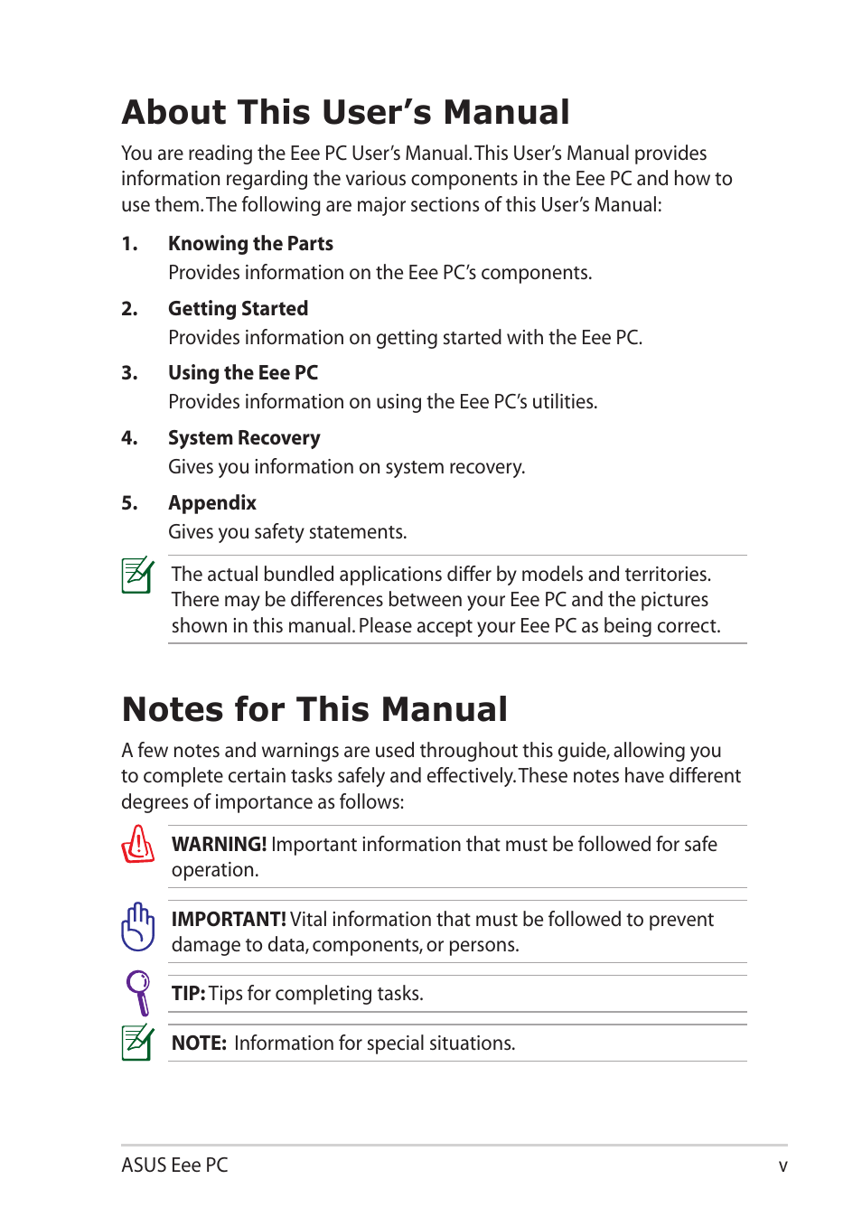 About this user’s manual, Notes for this manual | Asus Eee PC X101 User Manual | Page 5 / 46