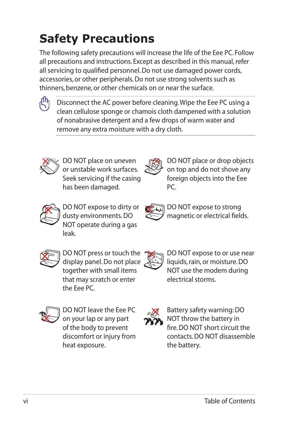 Safety precautions | Asus Eee PC X101 User Manual | Page 6 / 46