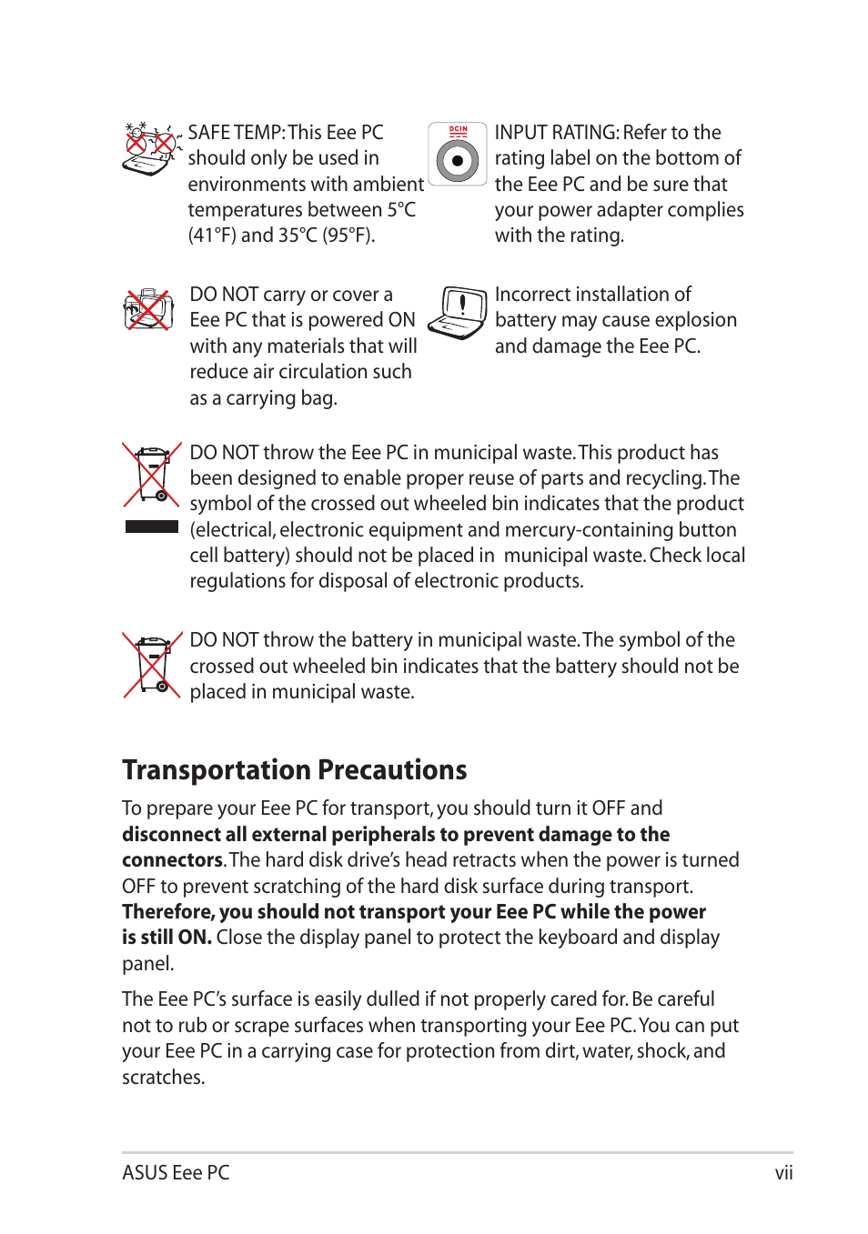 Transportation precautions | Asus Eee PC X101 User Manual | Page 7 / 46