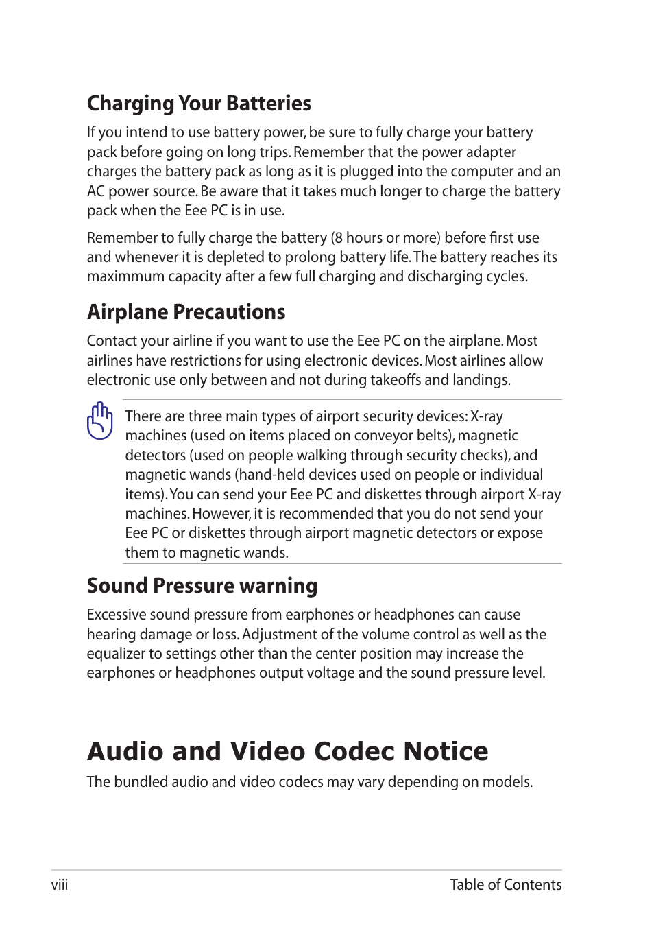 Audio and video codec notice, Charging your batteries, Airplane precautions | Sound pressure warning | Asus Eee PC X101 User Manual | Page 8 / 46