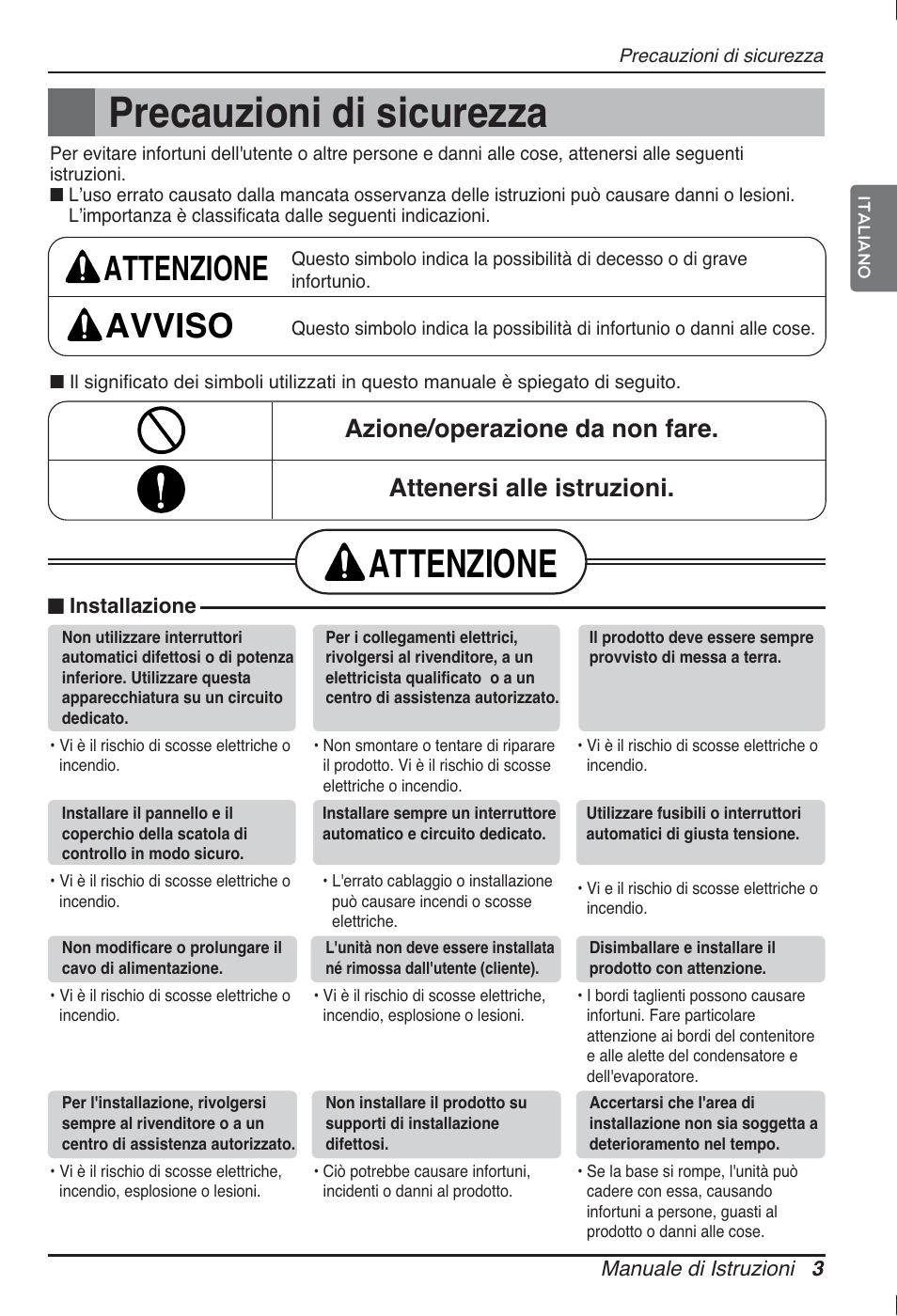 Precauzioni di sicurezza, Attenzione, Attenzione avviso | LG ARNU05GTRC2 User Manual | Page 15 / 205