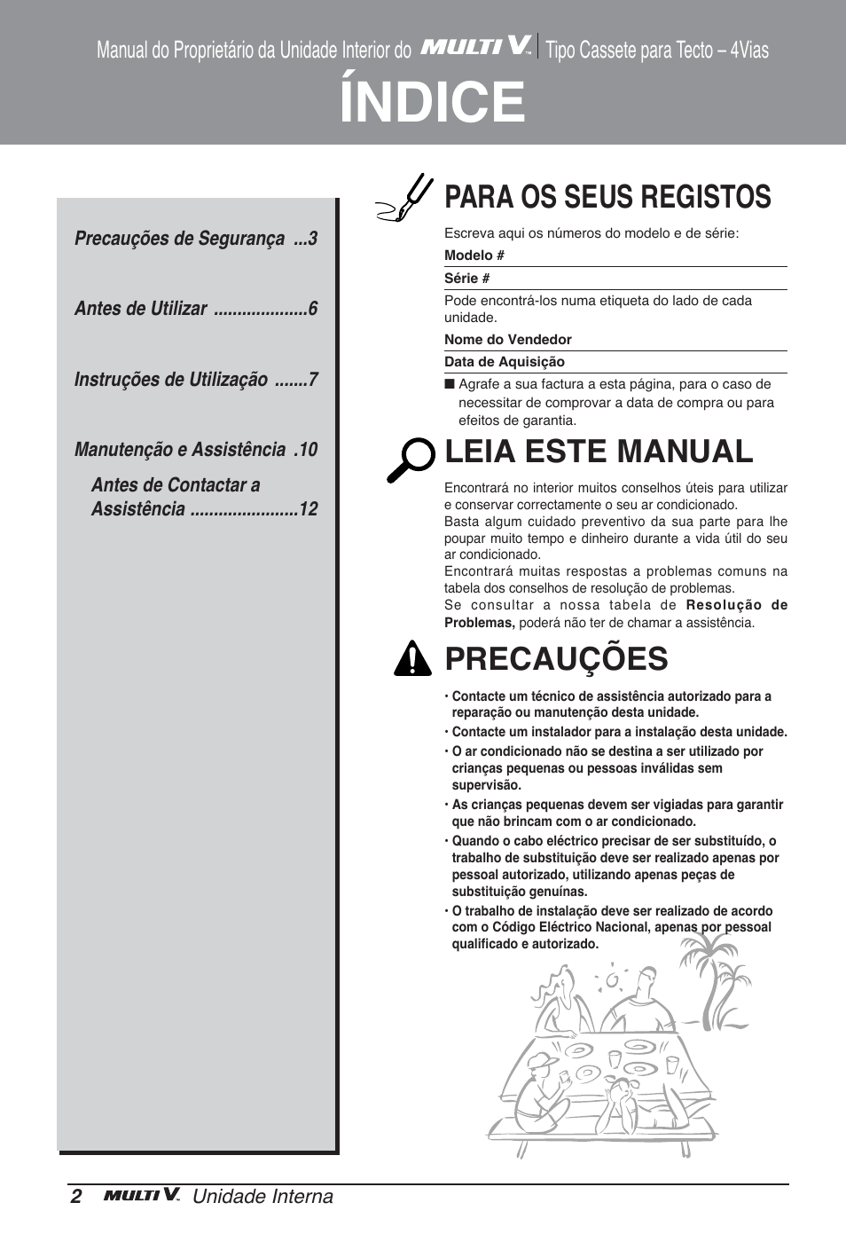 Índice, Para os seus registos, Leia este manual | Precauções | LG ARNU05GTRC2 User Manual | Page 74 / 205