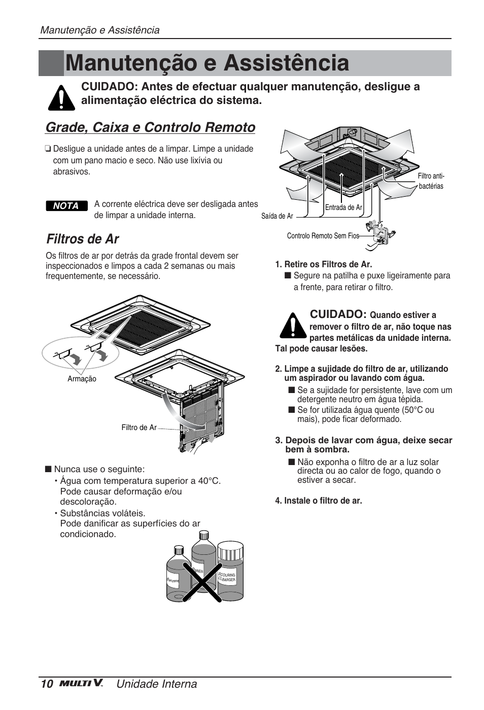 Manutenção e assistência, Grade, caixa e controlo remoto, Filtros de ar | 10 unidade interna, Cuidado | LG ARNU05GTRC2 User Manual | Page 82 / 205