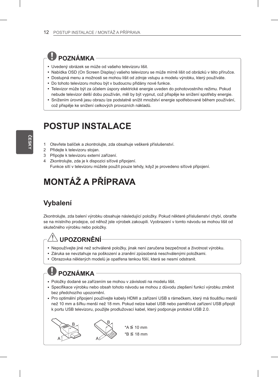 Postup instalace, Montáž a příprava, Vybalení | Poznámka, Upozornění | LG 37LM620S User Manual | Page 104 / 517