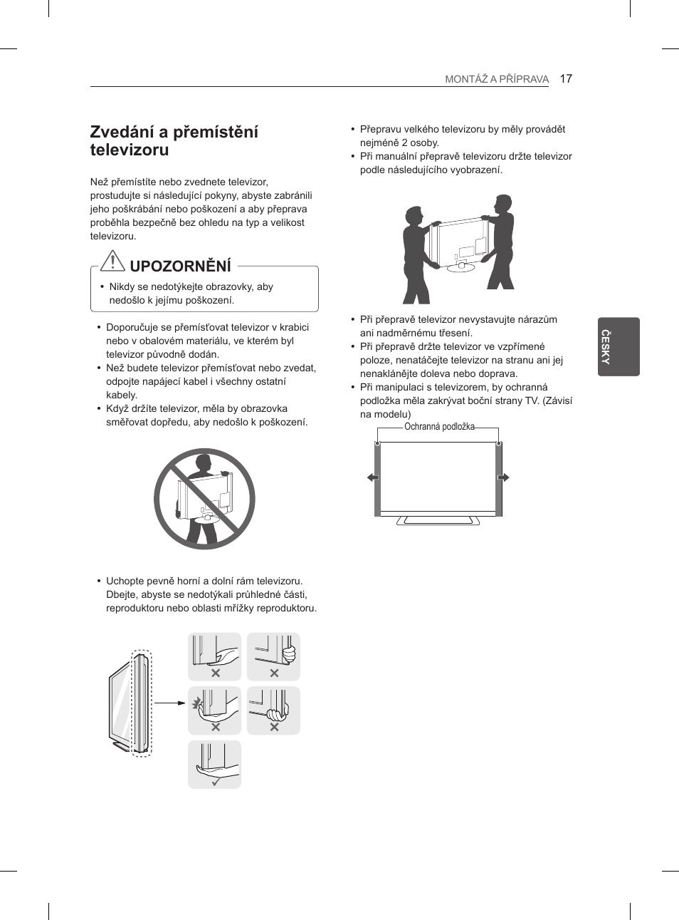 Zvedání a přemístění televizoru, Upozornění | LG 37LM620S User Manual | Page 109 / 517