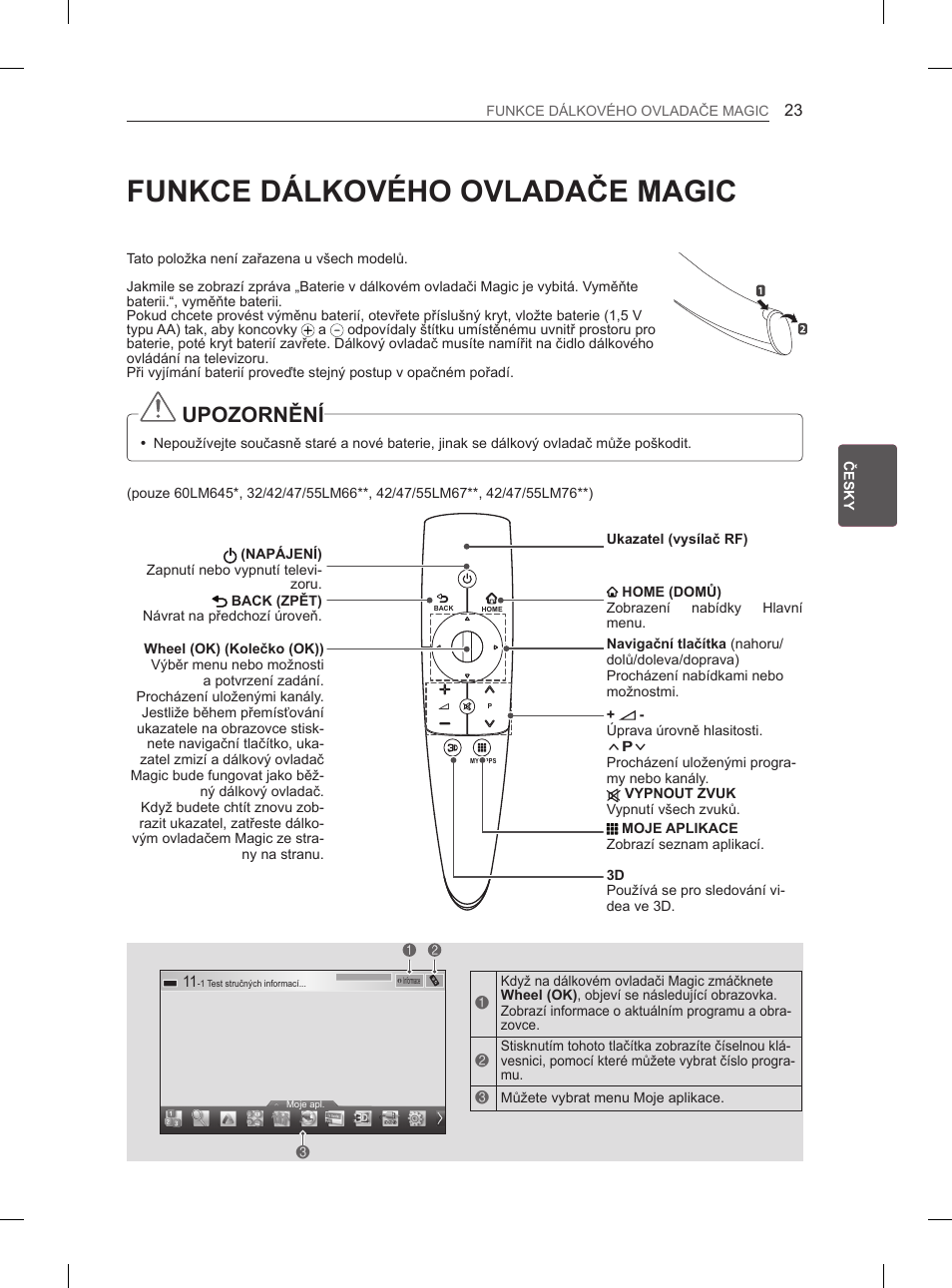 Funkce dálkového ovladače magic, Upozornění | LG 37LM620S User Manual | Page 115 / 517
