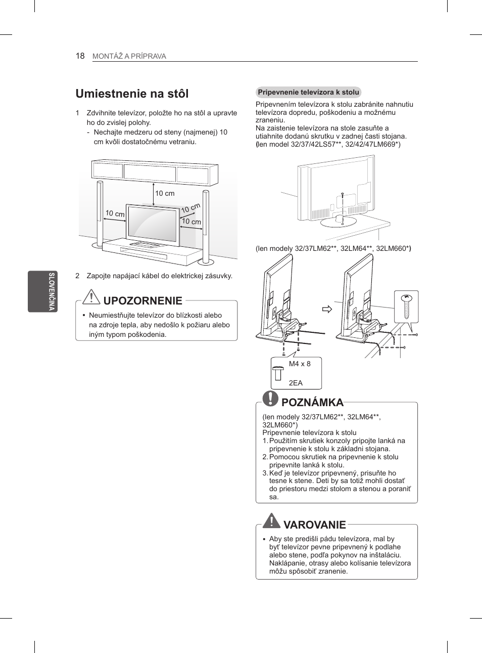 Umiestnenie na stôl, Upozornenie, Poznámka | Varovanie | LG 37LM620S User Manual | Page 138 / 517