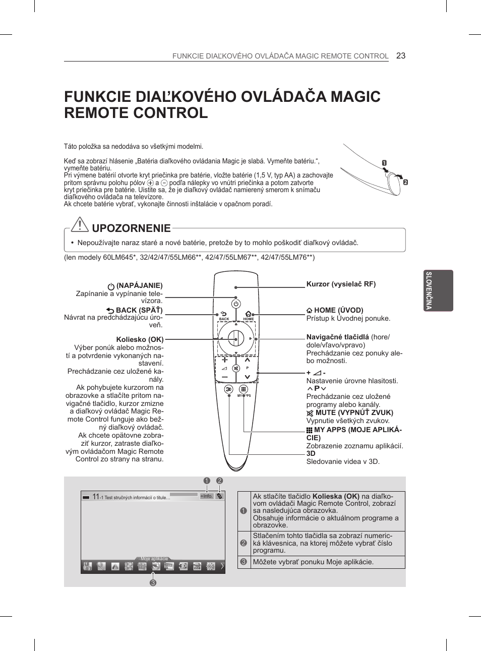 Funkcie diaľkového ovládača magic remote control, Upozornenie | LG 37LM620S User Manual | Page 143 / 517