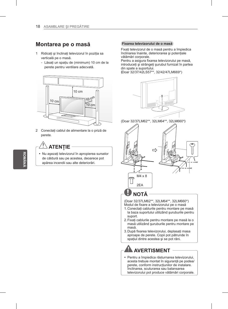 Montarea pe o masă, Atenţie, Notă | Avertisment | LG 37LM620S User Manual | Page 166 / 517