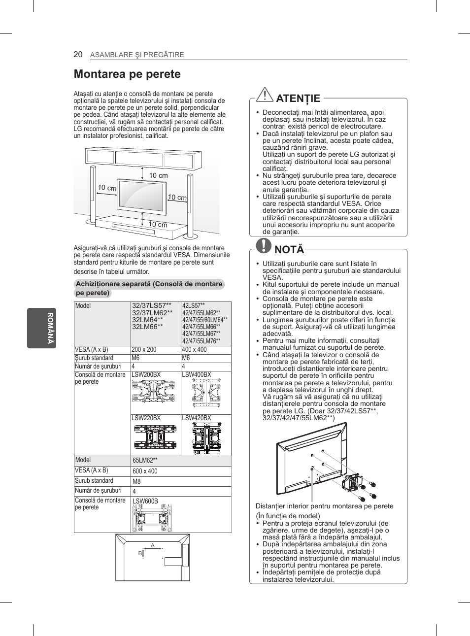 Montarea pe perete, Atenţie, Notă | LG 37LM620S User Manual | Page 168 / 517