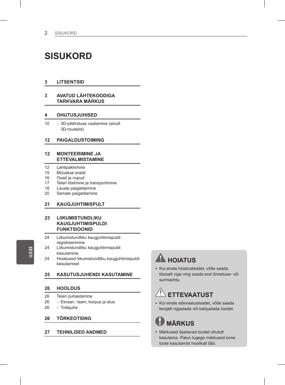 Sisukord, Hoiatus, Ettevaatust | Märkus | LG 37LM620S User Manual | Page 206 / 517