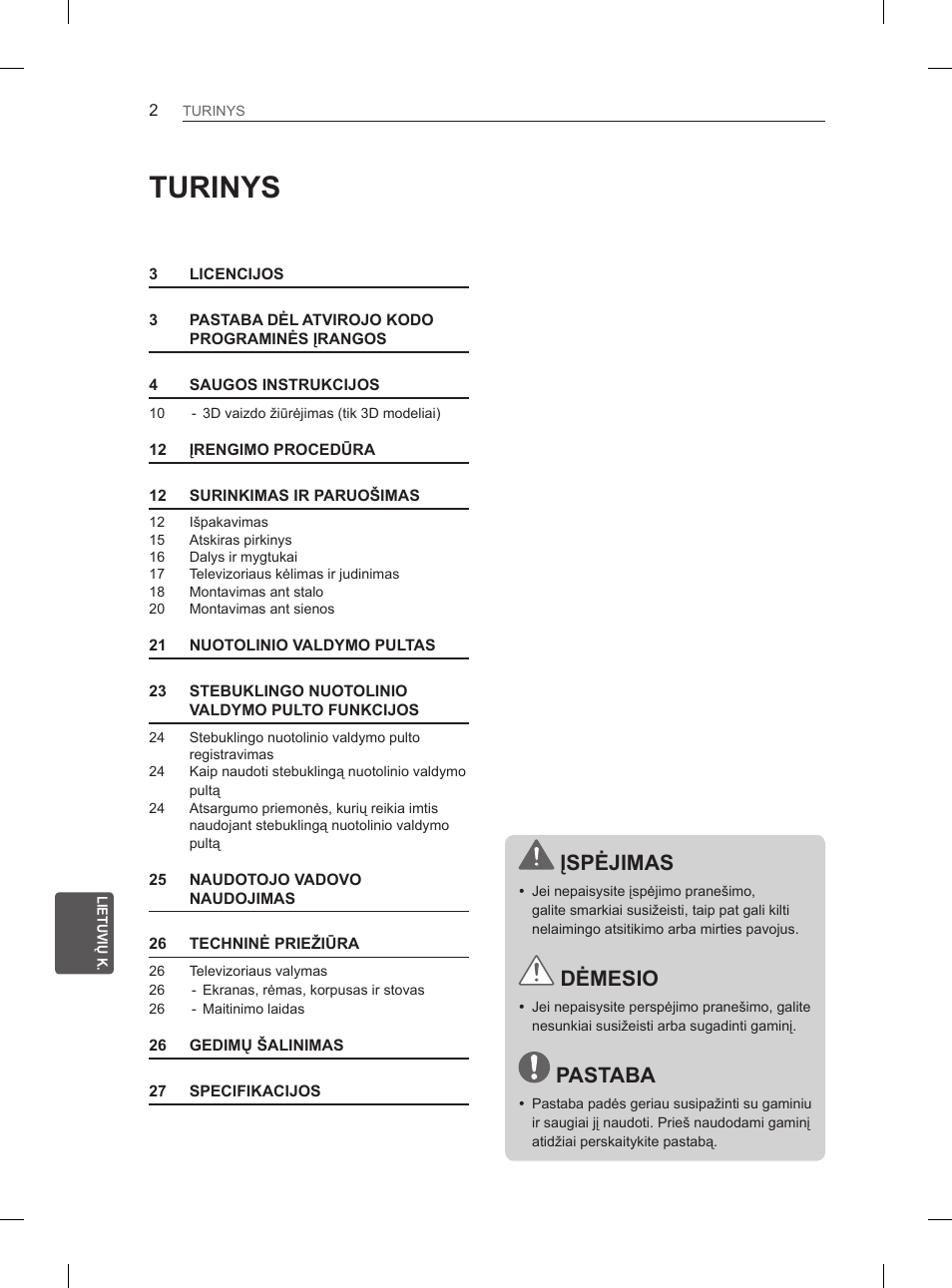 Turinys, Įspėjimas, Dėmesio | Pastaba | LG 37LM620S User Manual | Page 234 / 517