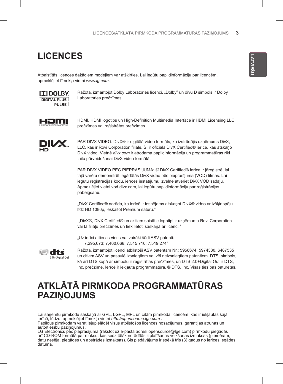 Licences, Atklātā pirmkoda programmatūras paziņojums | LG 37LM620S User Manual | Page 263 / 517