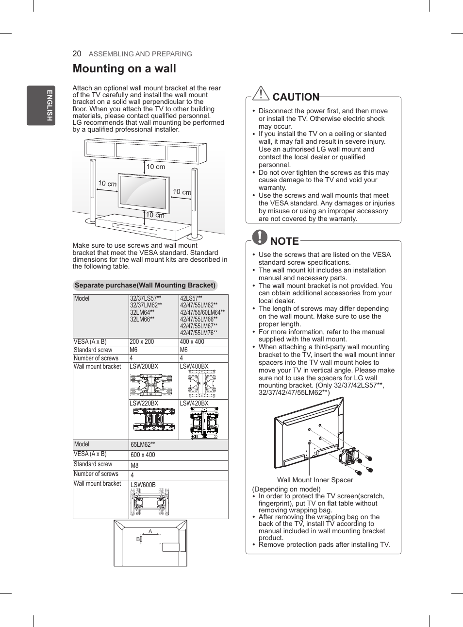 Mounting on a wall, Caution | LG 37LM620S User Manual | Page 28 / 517