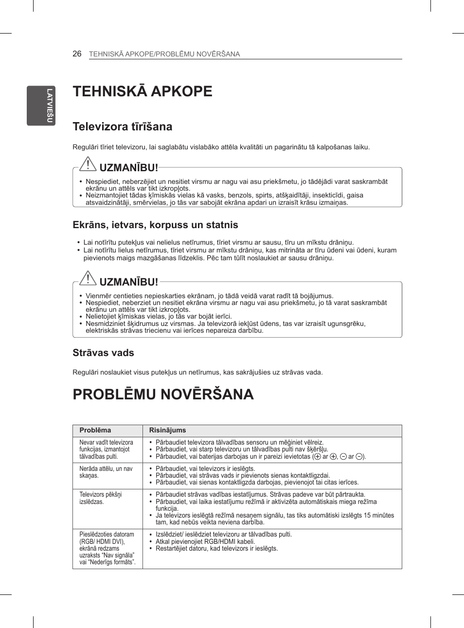 Tehniskā apkope, Problēmu novēršana, Televizora tīrīšana | Uzmanību, Ekrāns, ietvars, korpuss un statnis, Strāvas vads | LG 37LM620S User Manual | Page 286 / 517