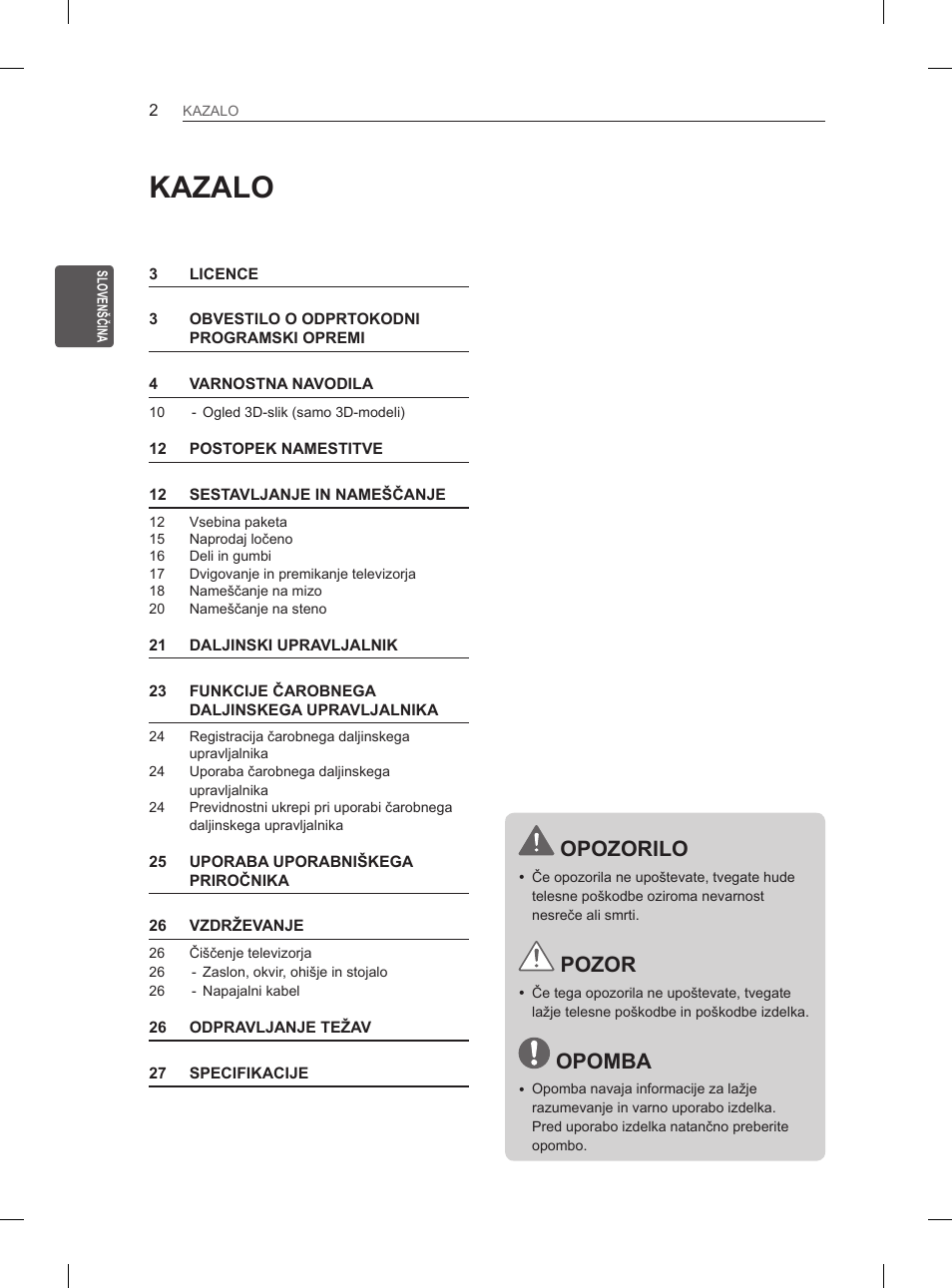 Kazalo, Opozorilo, Pozor | Opomba | LG 37LM620S User Manual | Page 290 / 517