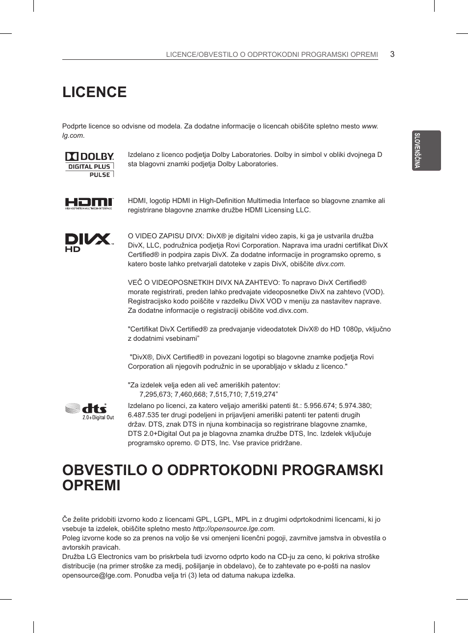 Licence, Obvestilo o odprtokodni programski opremi | LG 37LM620S User Manual | Page 291 / 517