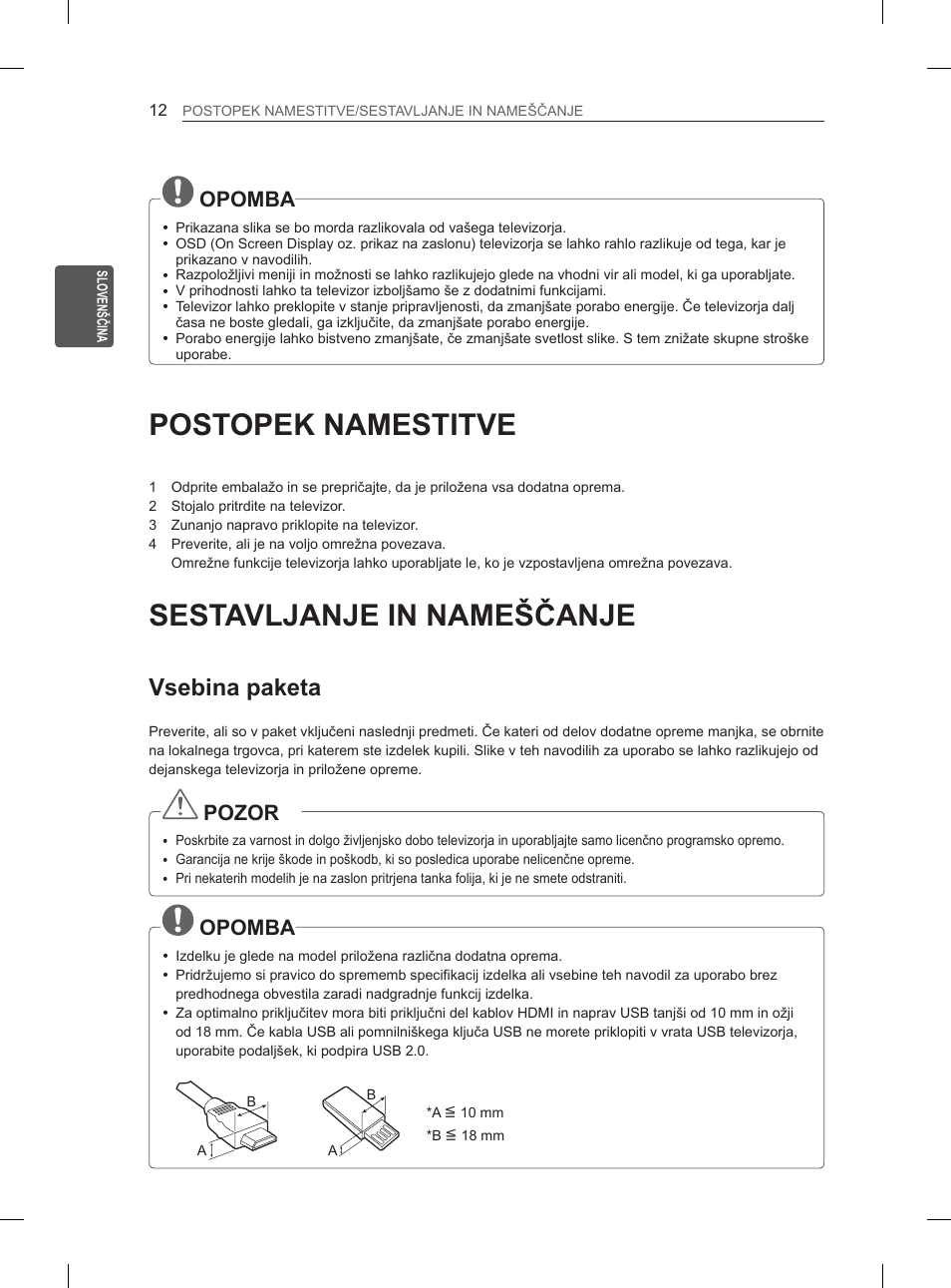 Postopek namestitve, Sestavljanje in nameščanje, Vsebina paketa | Opomba, Pozor | LG 37LM620S User Manual | Page 300 / 517