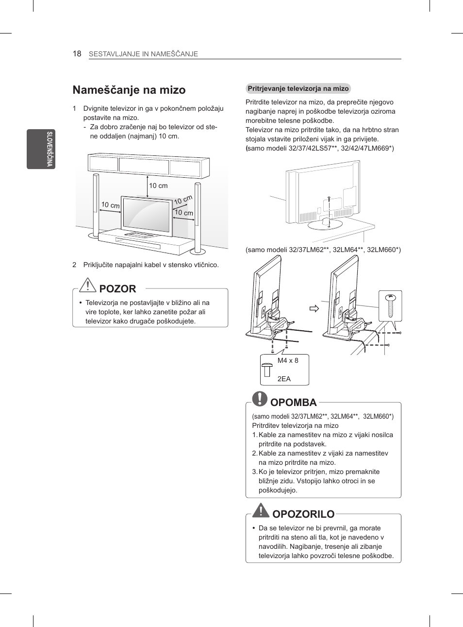 Nameščanje na mizo, Pozor, Opomba | Opozorilo | LG 37LM620S User Manual | Page 306 / 517