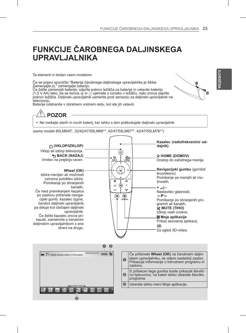 Funkcije čarobnega daljinskega upravljalnika, Pozor | LG 37LM620S User Manual | Page 311 / 517