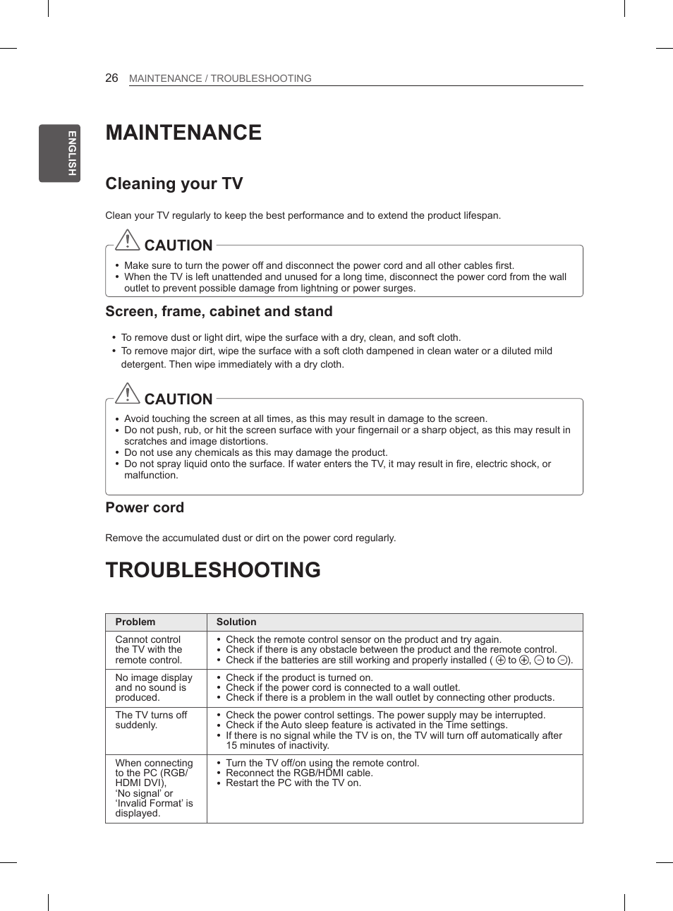 Maintenance, Troubleshooting, Cleaning your tv | Caution, Screen, frame, cabinet and stand, Power cord | LG 37LM620S User Manual | Page 34 / 517