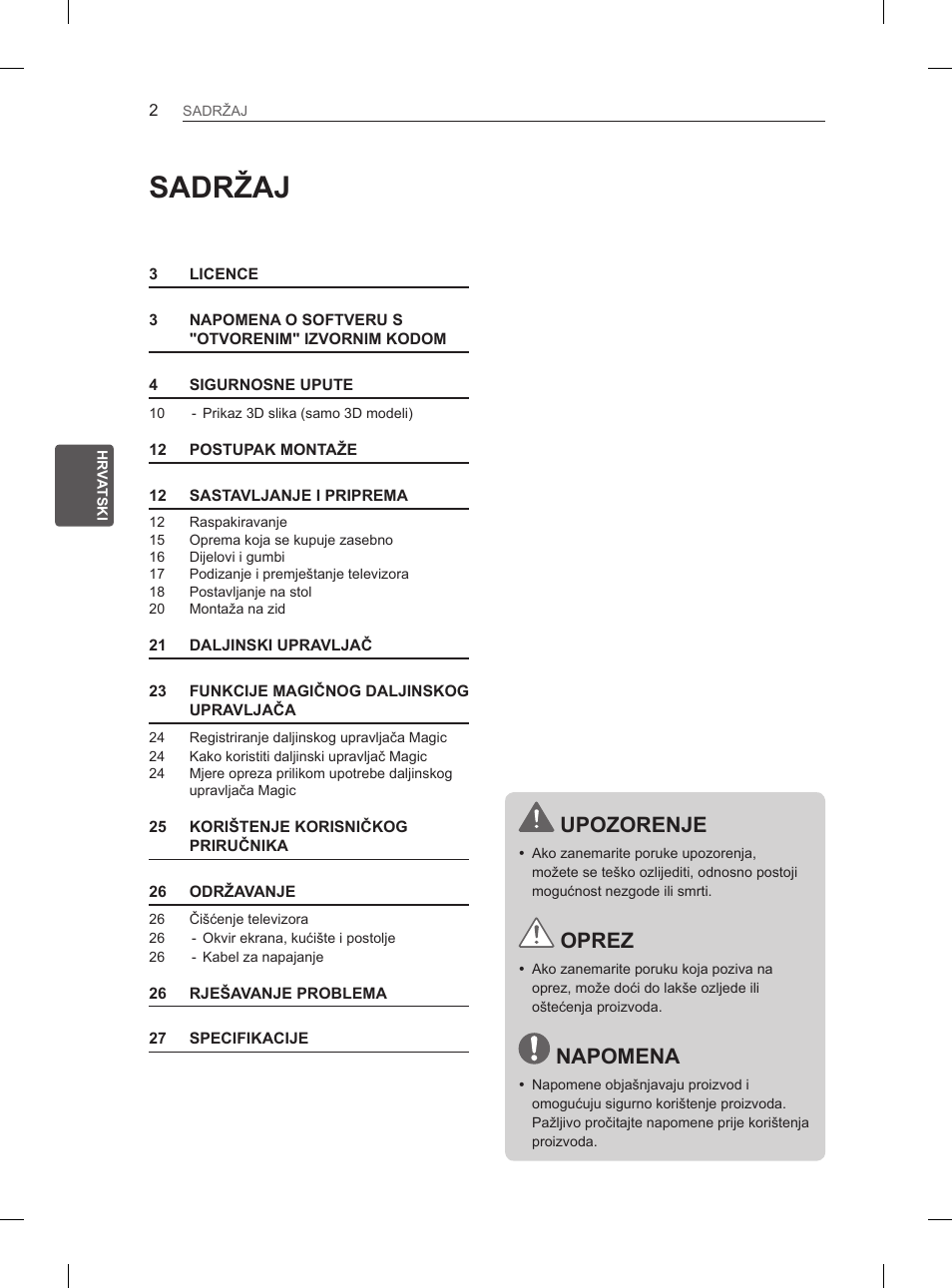 Sadržaj, Upozorenje, Oprez | Napomena | LG 37LM620S User Manual | Page 346 / 517