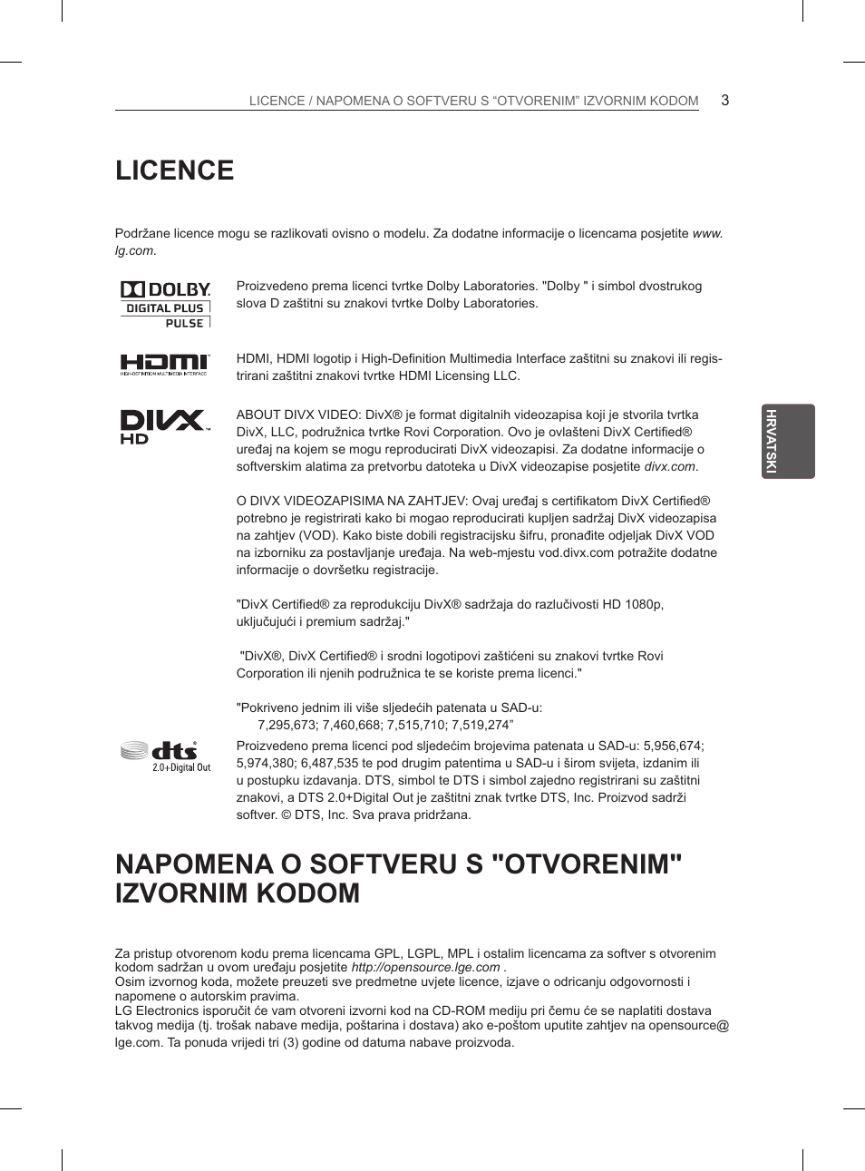 Licence, Napomena o softveru s "otvorenim" izvornim kodom | LG 37LM620S User Manual | Page 347 / 517