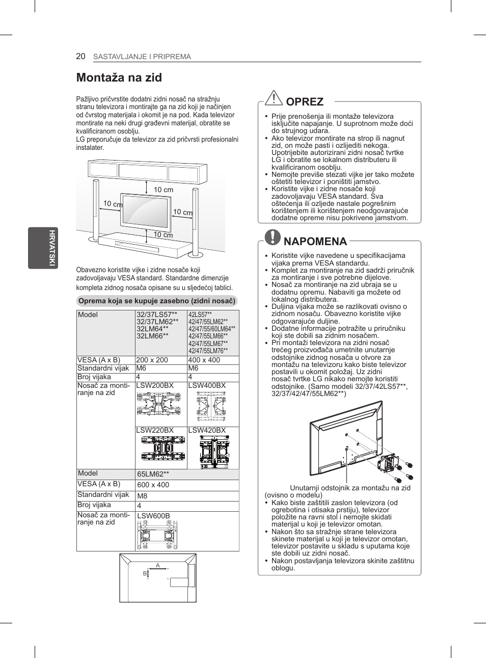 Montaža na zid, Oprez, Napomena | LG 37LM620S User Manual | Page 364 / 517