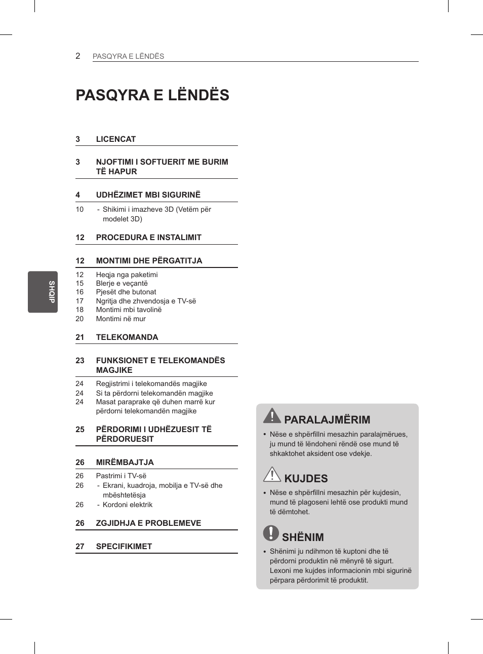 Pasqyra e lëndës, Paralajmërim, Kujdes | Shënim | LG 37LM620S User Manual | Page 374 / 517