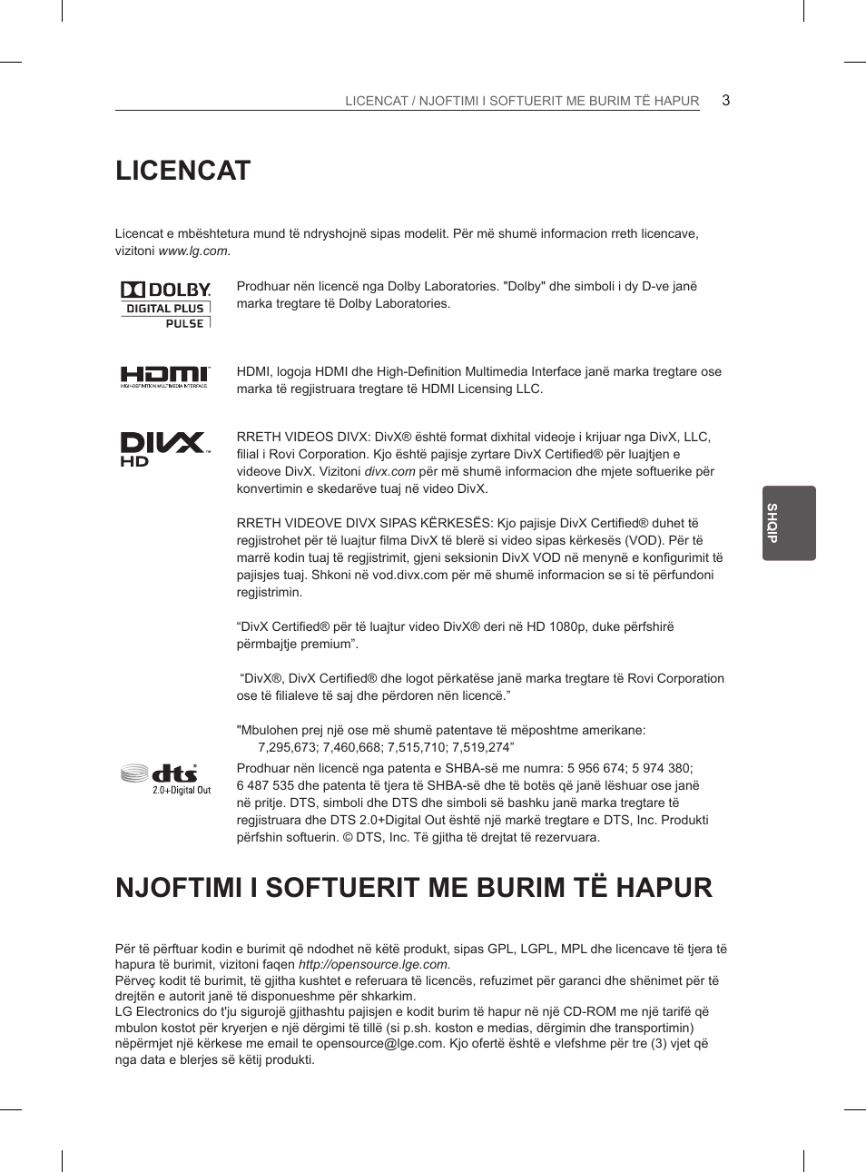 Licencat, Njoftimi i softuerit me burim të hapur | LG 37LM620S User Manual | Page 375 / 517