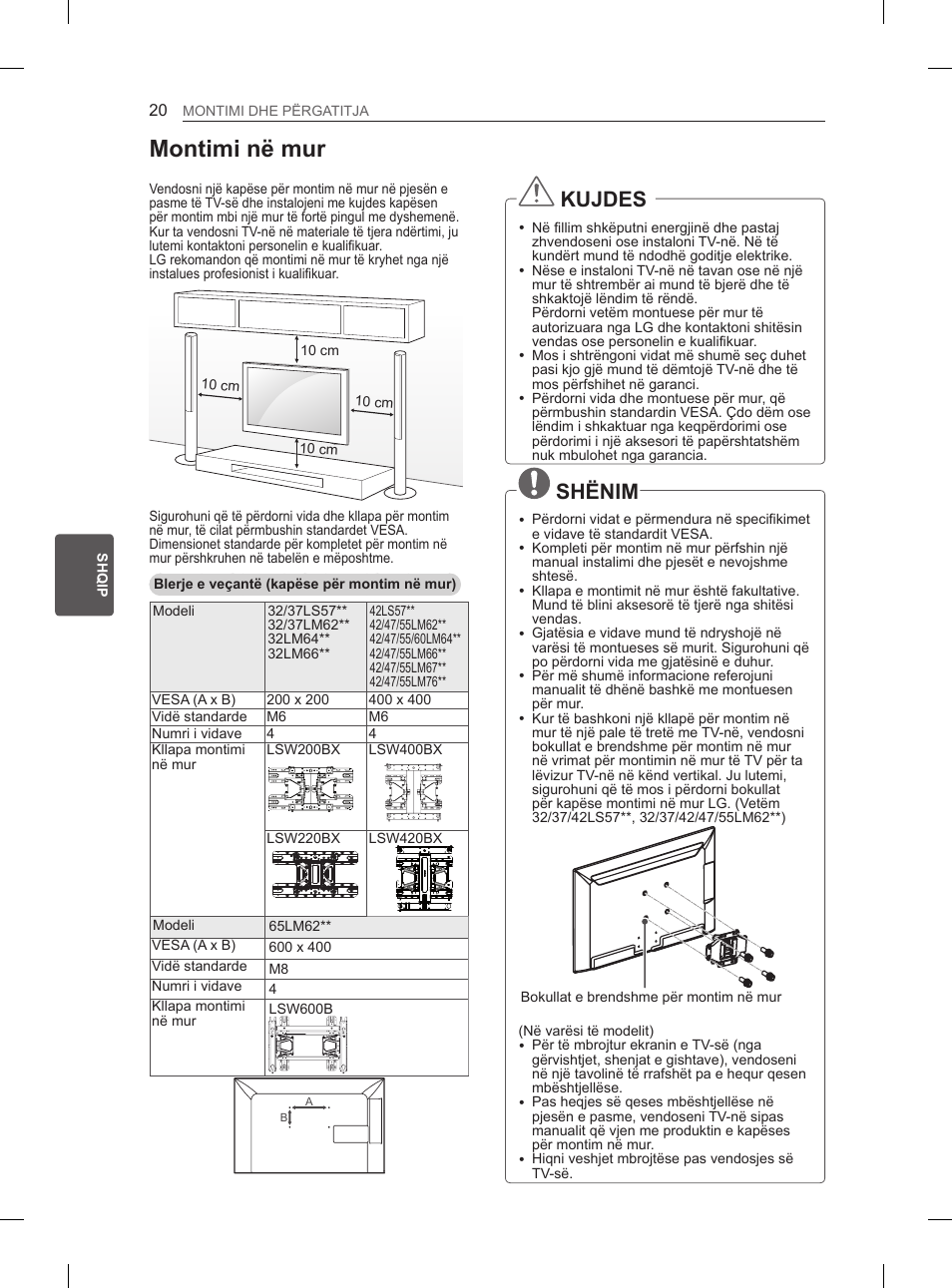 Montimi në mur, Kujdes, Shënim | LG 37LM620S User Manual | Page 392 / 517