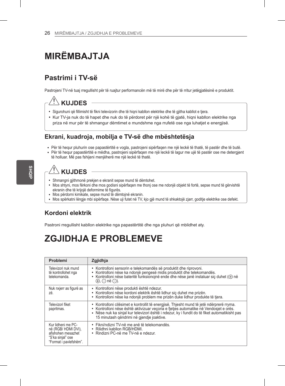 Mirëmbajtja, Zgjidhja e problemeve, Pastrimi i tv-së | Kujdes, Ekrani, kuadroja, mobilja e tv-së dhe mbështetësja, Kordoni elektrik | LG 37LM620S User Manual | Page 398 / 517