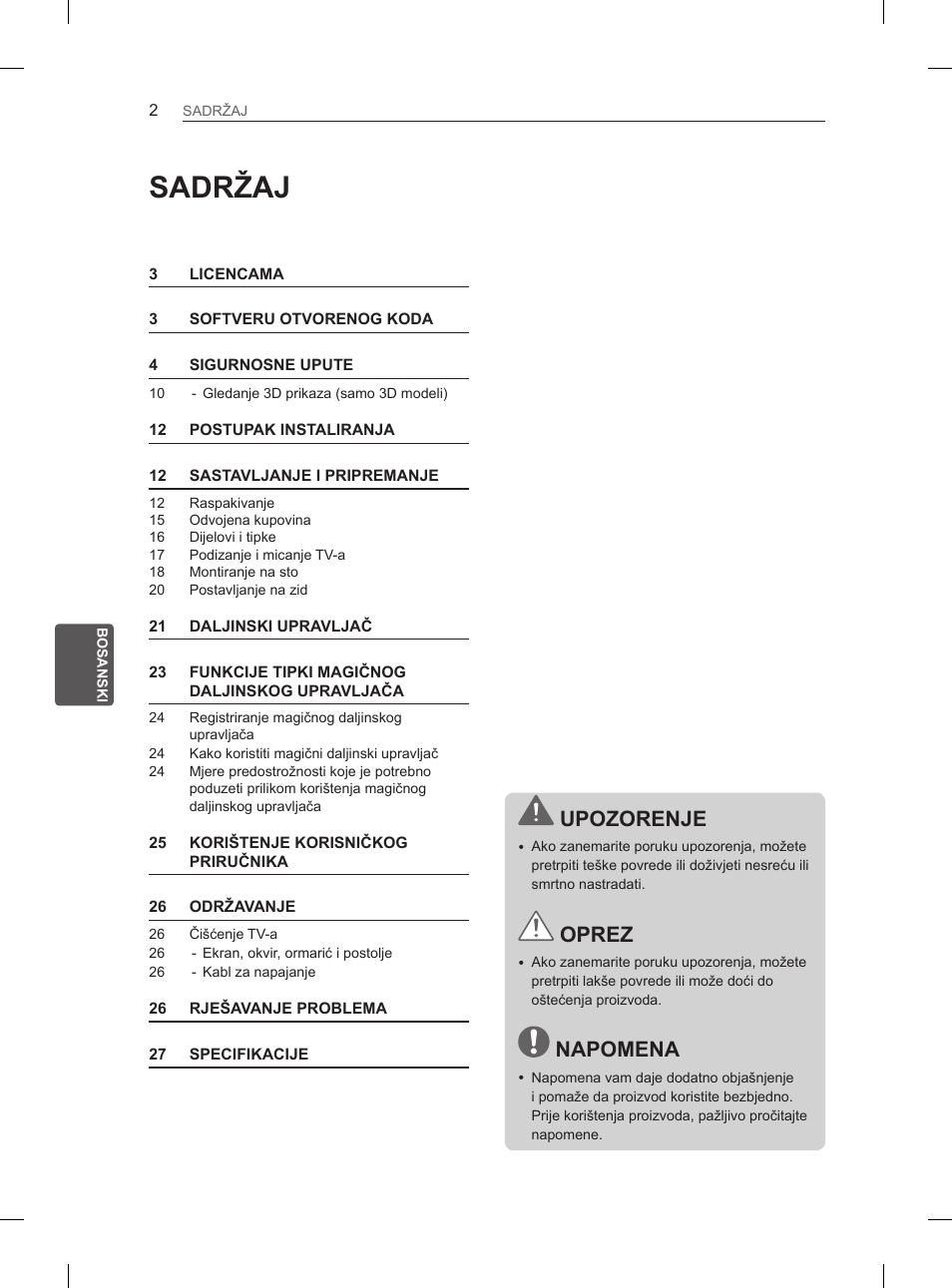 Sadržaj, Upozorenje, Oprez | Napomena | LG 37LM620S User Manual | Page 402 / 517